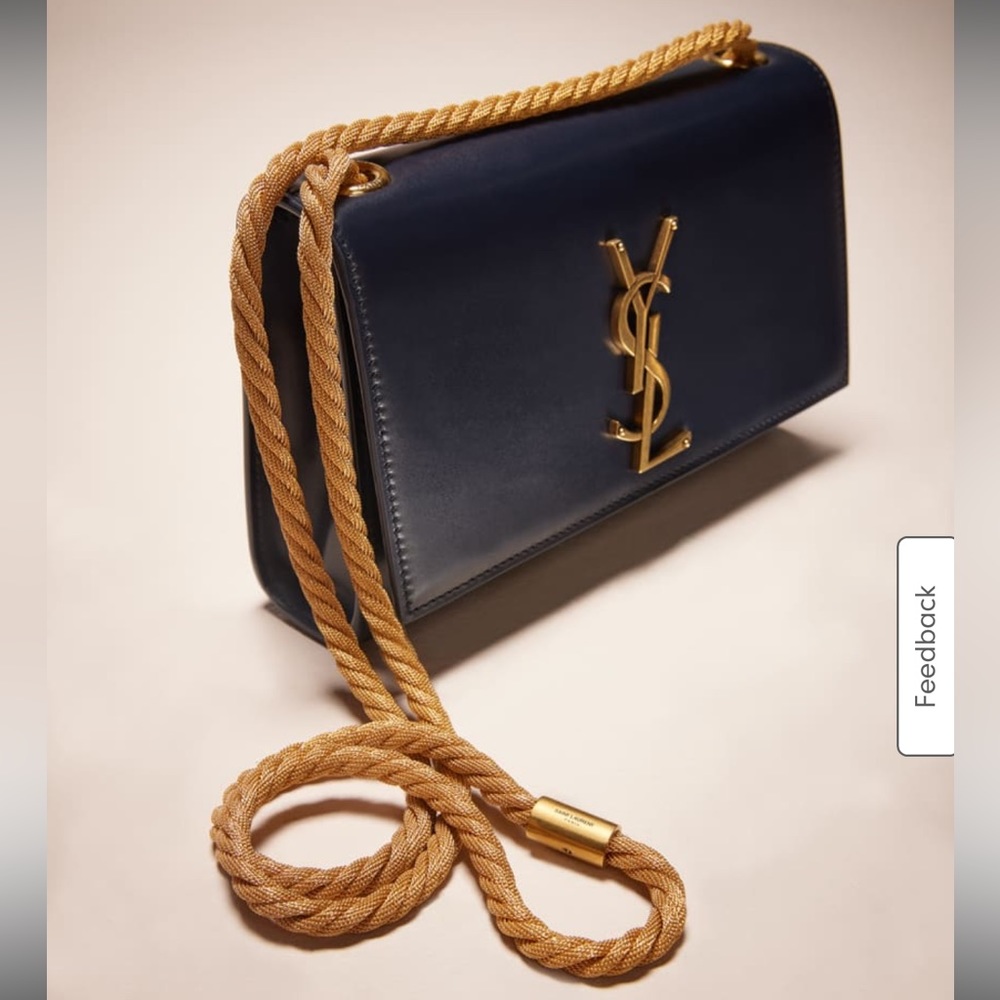New YSL Yves Saint Laurent Kate Flap Navy Leather & Gold Chain